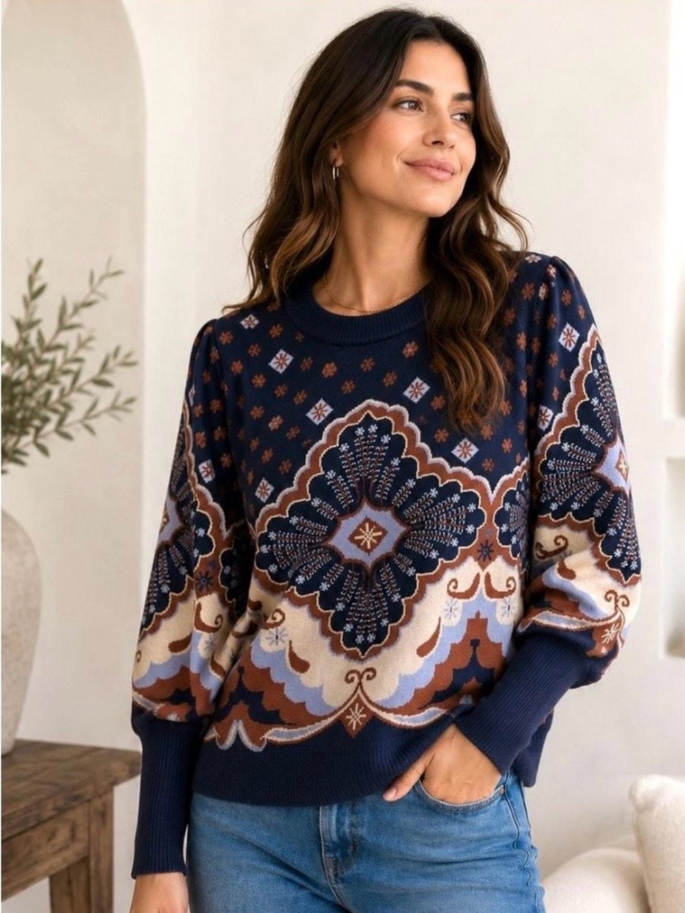 Joie Navy Medallion Jacquard Sweater